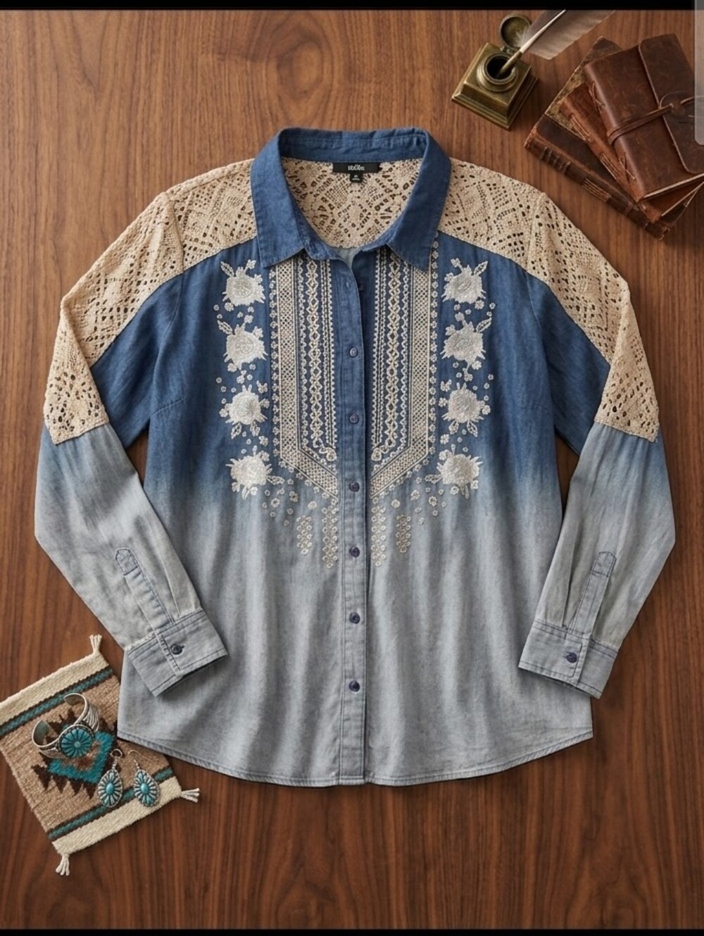 ANDREE BY UNIT Blue Ombre Button-Down Shirt with White Floral Embroidery
